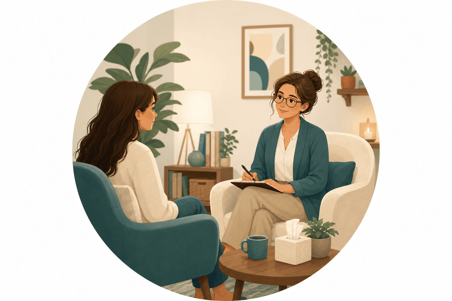 Il·lustració d'una primera consulta de psicologia en un espai acollidor